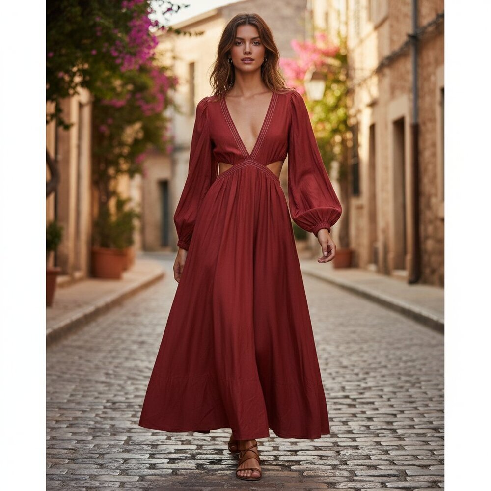 NWT Mon Renn Revive Midi Dress in Wine Red Size Small